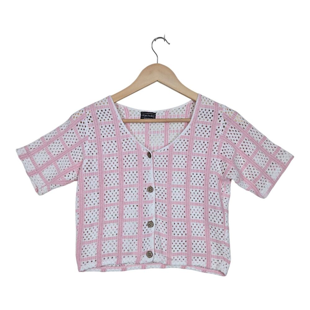 Vintage 90s Objects d’Art Top S Pink White Crochet Crop Cottagecore Granny Squar